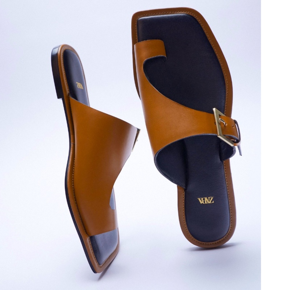 Zara Brown Leather Square open Toe sandals - Picture 1 of 8